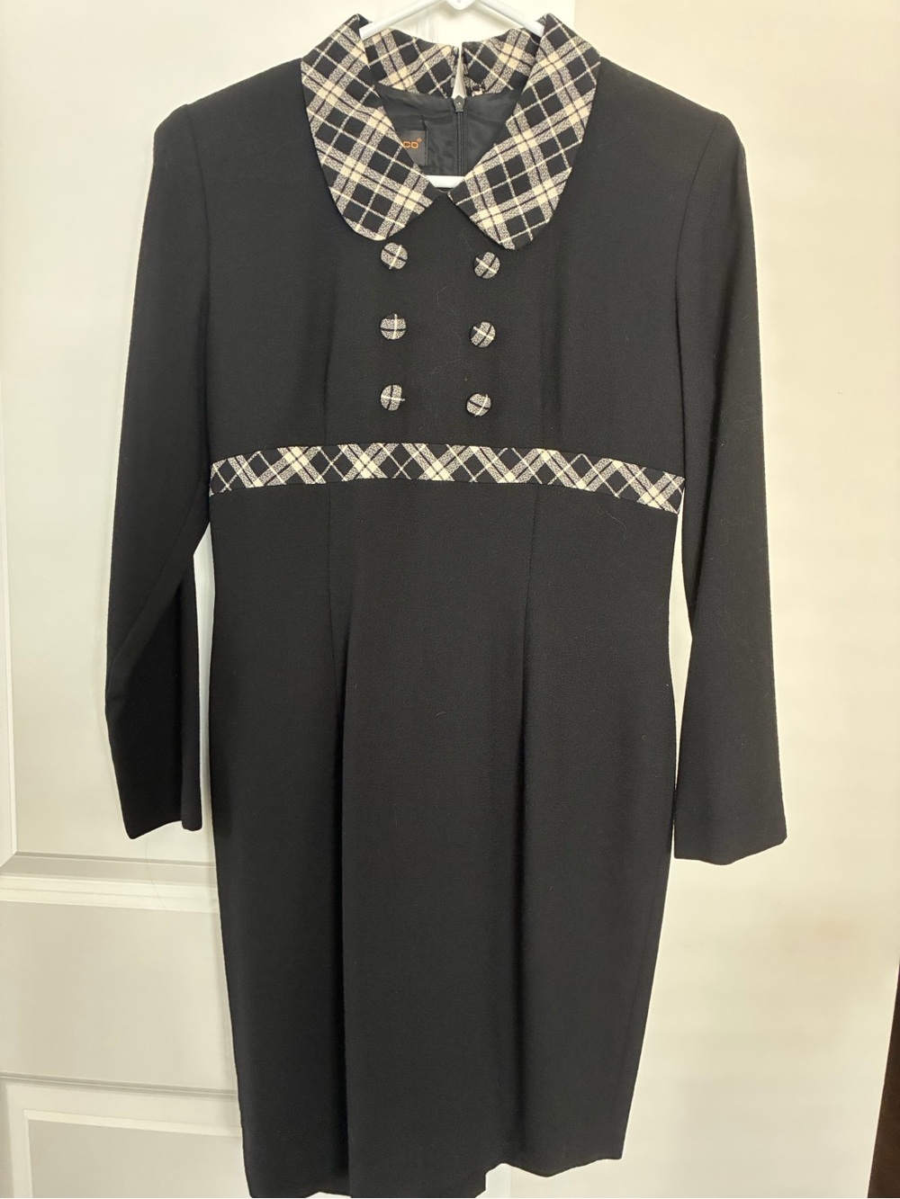 Donna Ricco Black Long Sleeve Dress with Plaid Trim